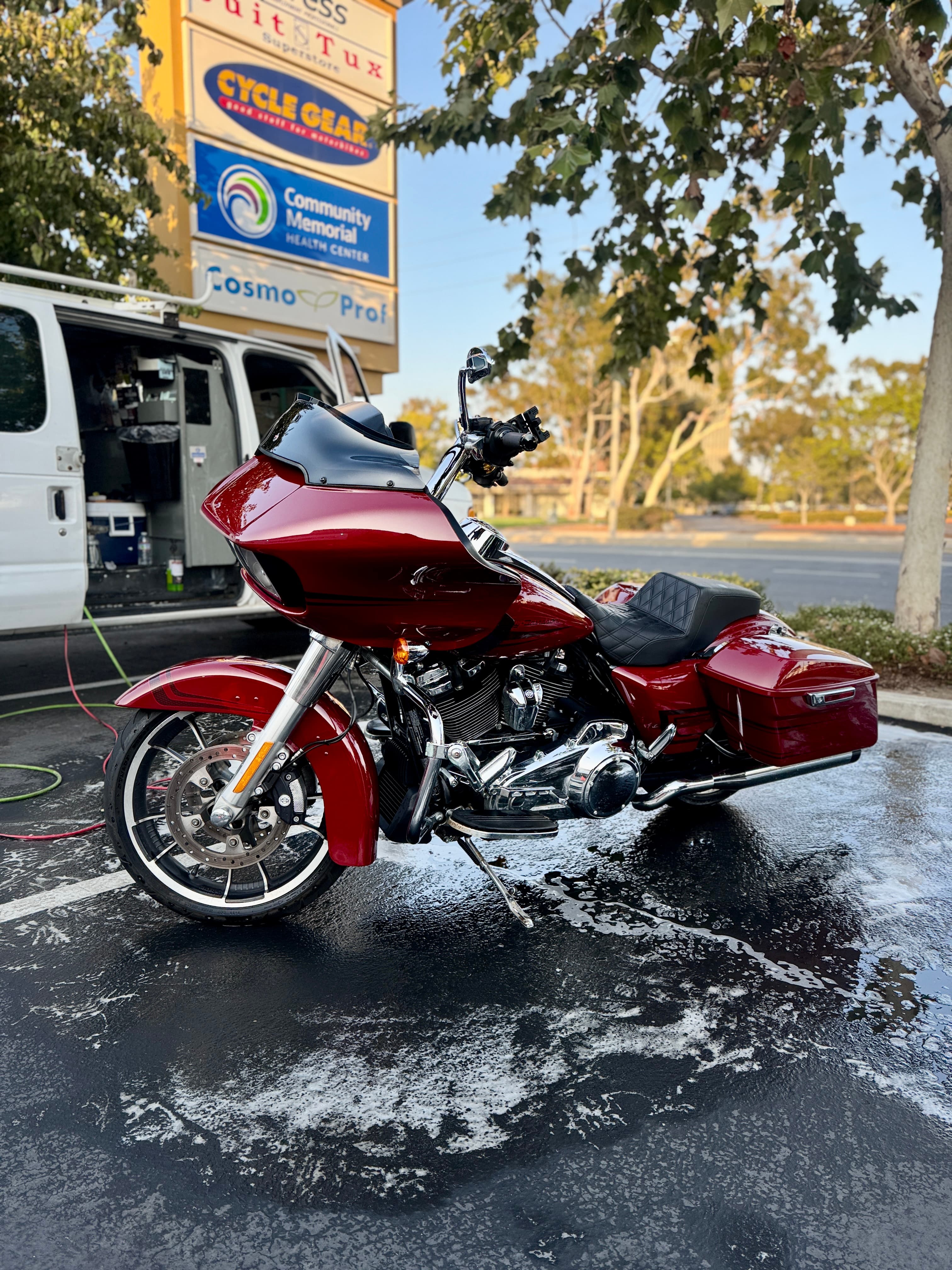 Red Harley Road Glide wash and detail